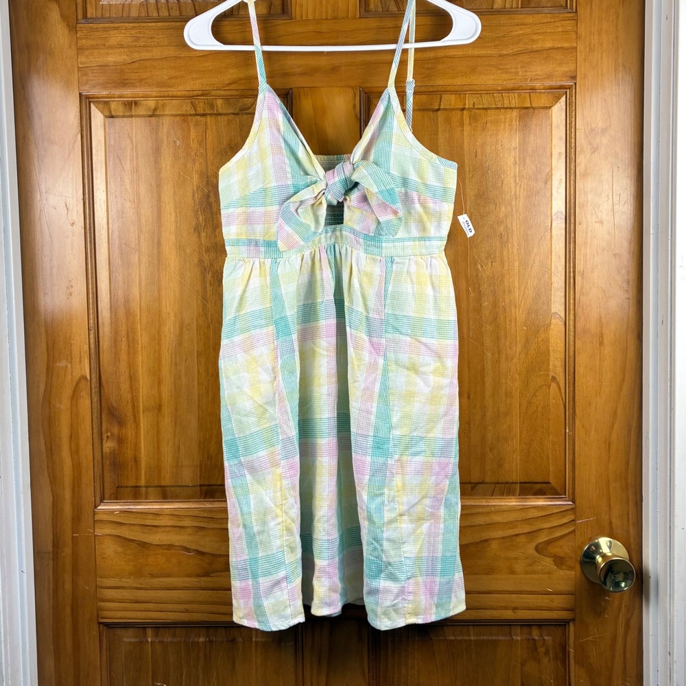 Old Navy Womens S Pastel Plaid Tie Front Cutout Mini Dress Smocked Back Cottage